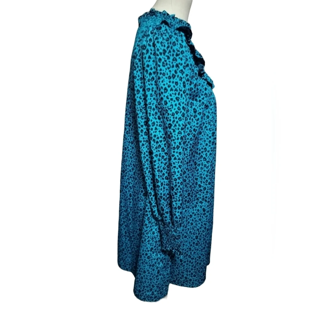 2461) New Look Blue Leopard Print Frill Smock Dress Size 10